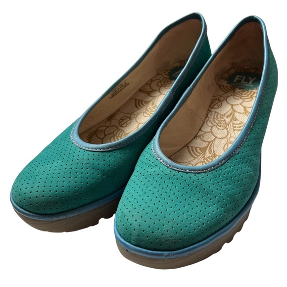 Fly London Shoes Blue Green Suede Slip on Platform Size 41 US 10 - 10 1/2 - Picture 3 of 11